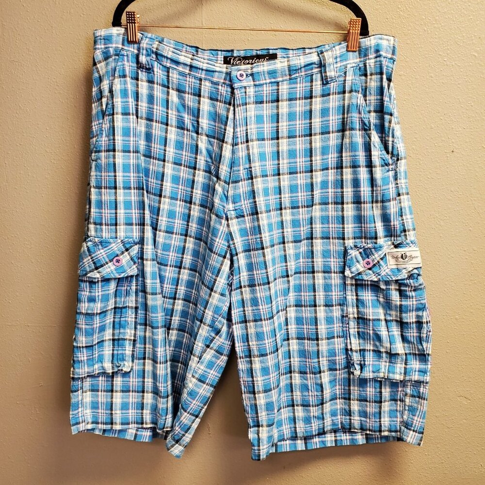 Victorious Cargo Shorts Mens 40 Plaid Urban Couture Multi Pocket Casual Summer